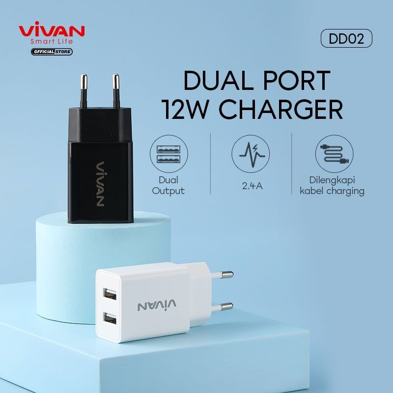 Vivan DD02 Dual USB Charger 2.4A with Micro USB Cable