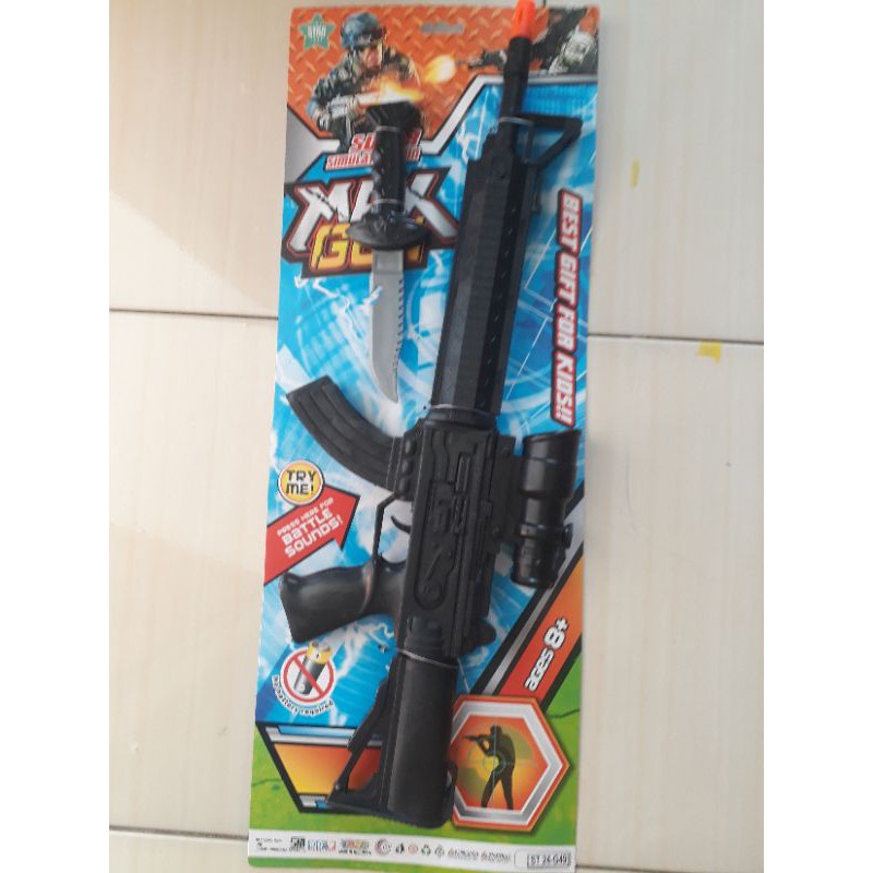 ST24-G49 Mainan Pistol Panjang 67cm Max Gun Premium + Belati Kemasan Set Blister