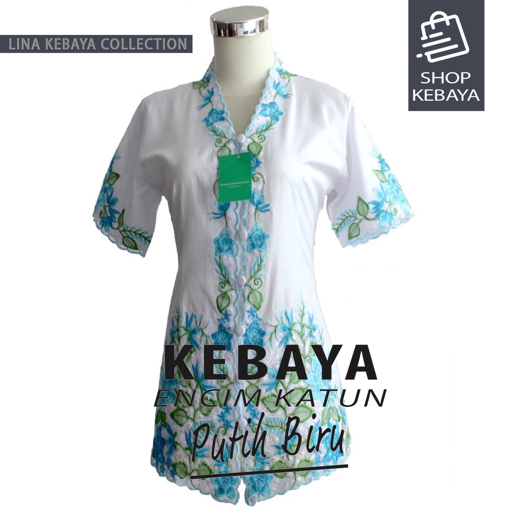 Kebaya Encim Bordir Modern Putih Biru Lengan Pendek