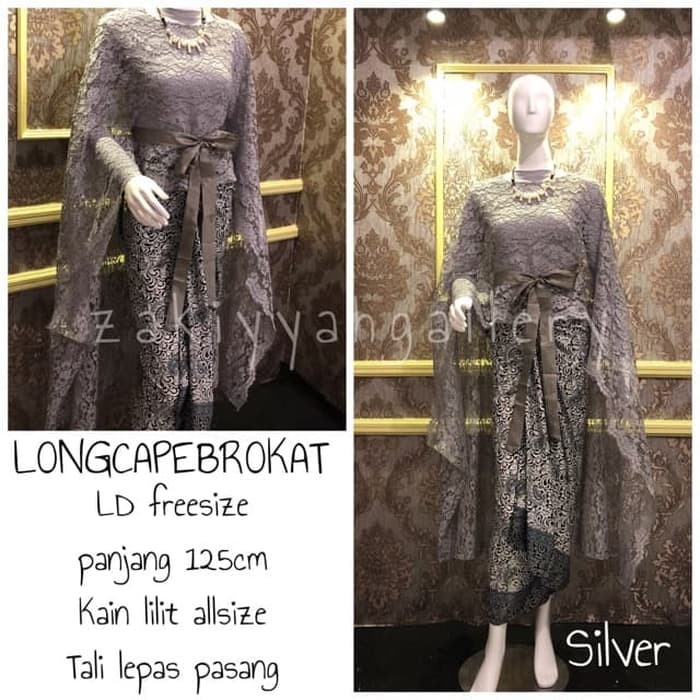 set kebaya brokat Long Cape Panjang Brokat warna silver