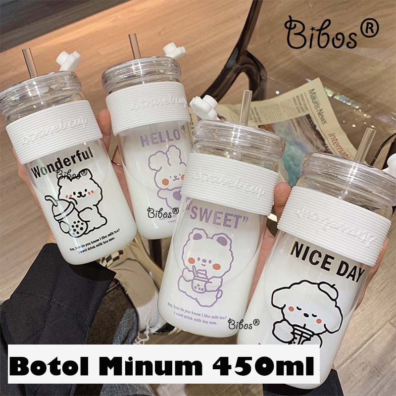 450ml - Botol Minum Aesthetic Motif Karakter Binatang Lucu Botol Tumbler Kaca Korea Lucu