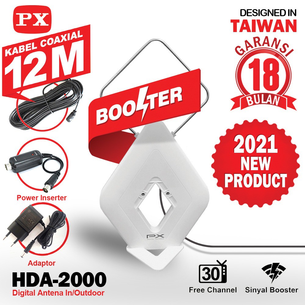 Antena TV Digital Analog Indoor Outdoor Booster+Kabel 12M PX HDA-2000 Putih