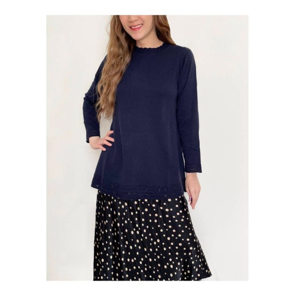 Ameli* Navy n pink long sleeve scalloped neck top