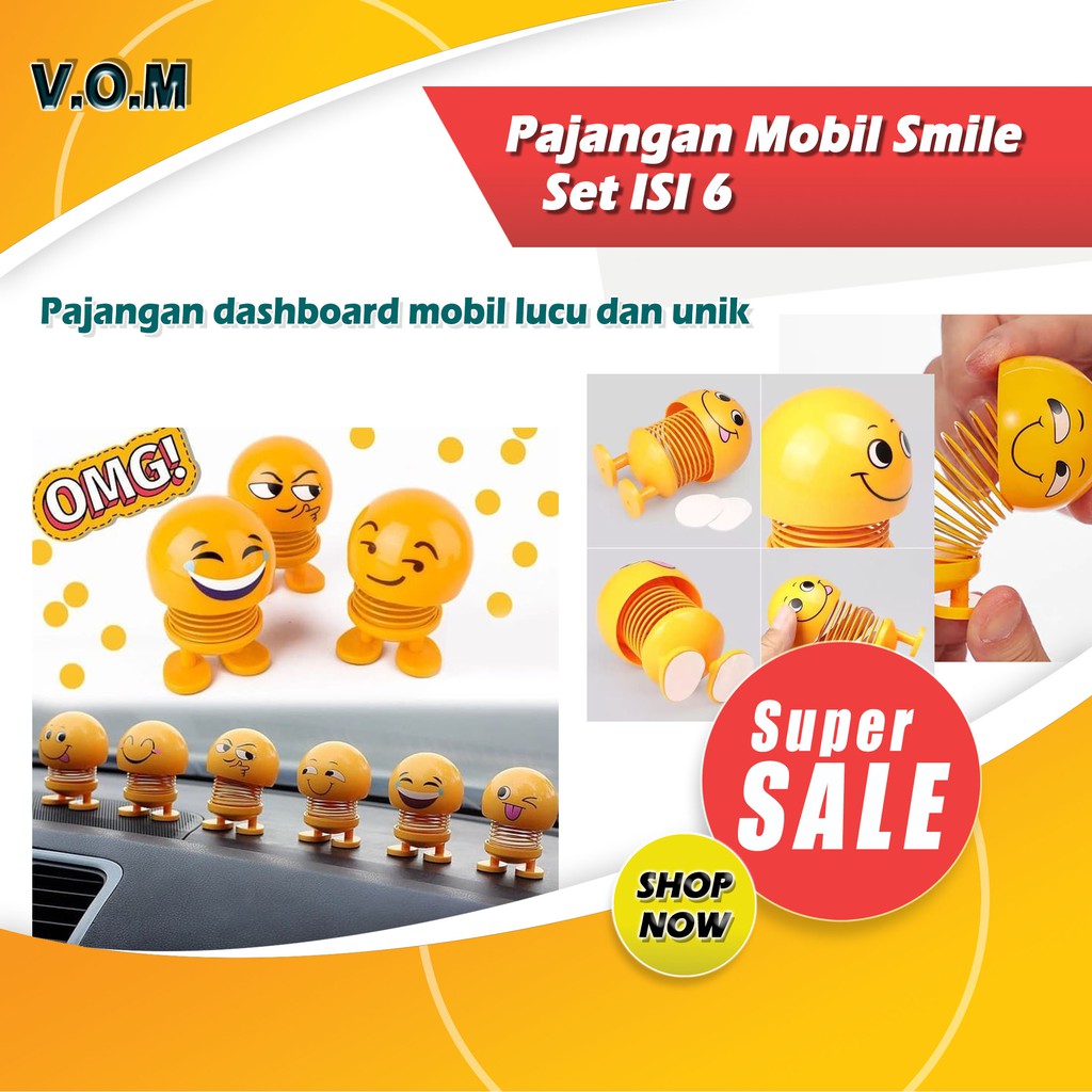 VOM-Set ISI 6 Pajangan Mobil Smile Dashboard Smiling Face Spring Doll 0556