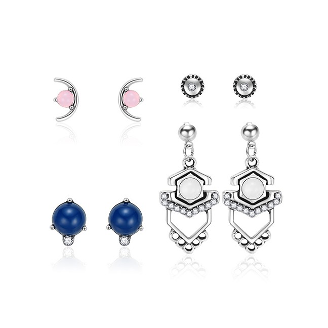 LRC Anting Set Fashion Silver Moon-studded Geometric Stud Earrings 4 Pairs F29786