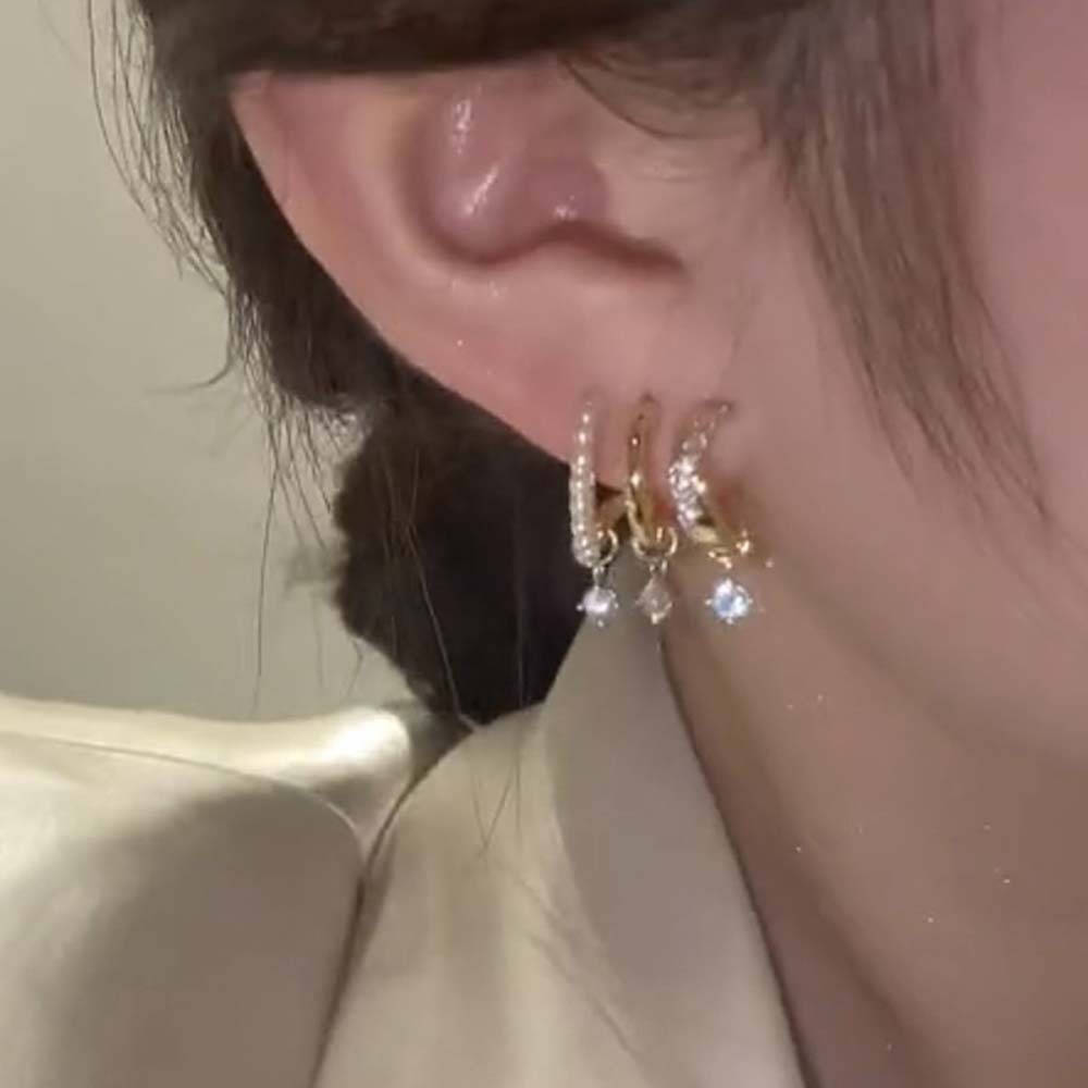 Anting Stud Zircon Mutiara Berlian Imitasi Multilayer Gaya Korea Untuk Wanita