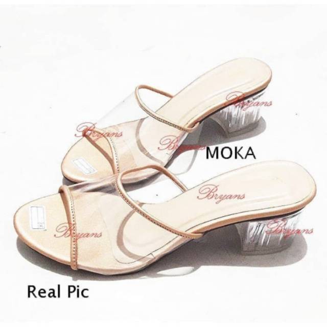 Sepatu sendal kaca cinderella hak kotak tahu kaca ghea