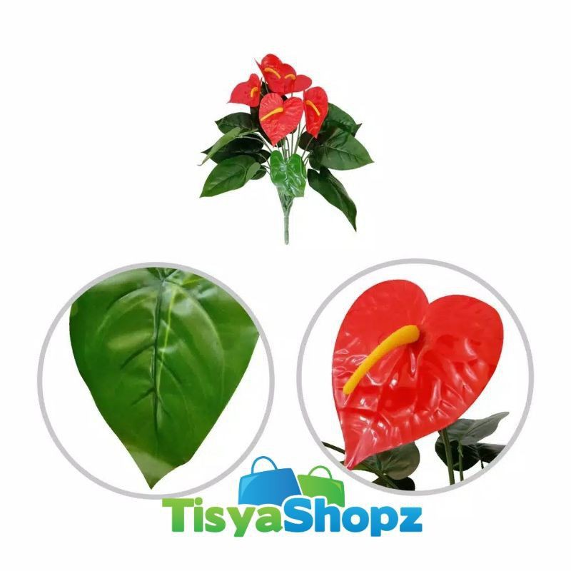 Bunga Anthurium Merah tinggi 34 cm / Bunga Hias Artificial [ tanpa pot ]