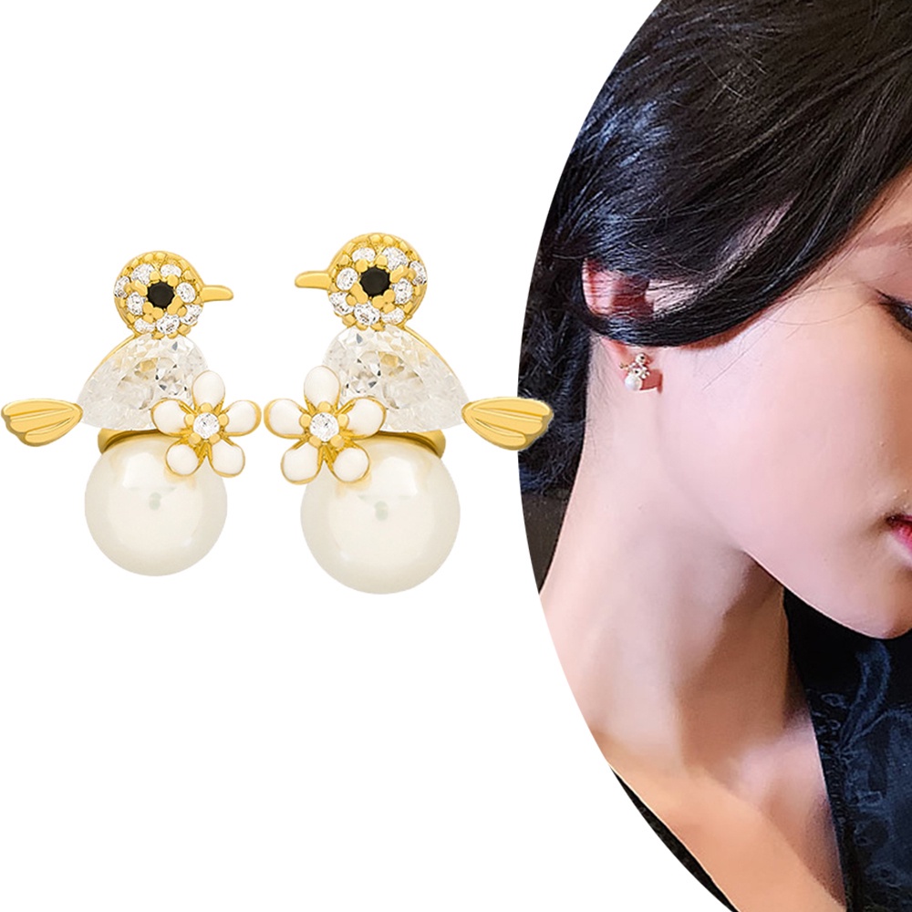 Anting Stud Desain Burung Aksen Mutiara Warna-Warni Gaya Elegan Untuk Wanita