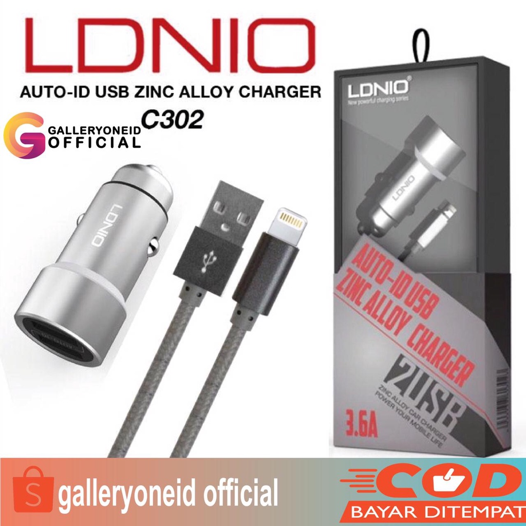 LDNIO C302 Car Charger Mobil 3.6A Dual Port USB Micro Type C Lightning Fast Charging