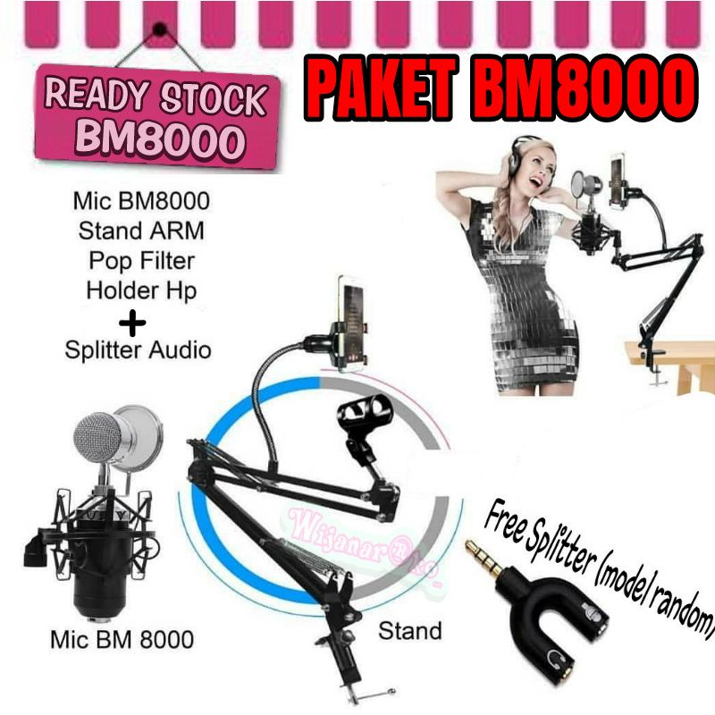 Paket PRO 1 Rekaman / Smule Mic Kondenser BM8000 + Stand Fullset