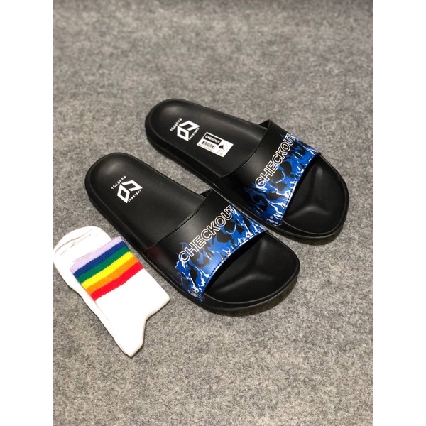 SANDAL SLIDE CHECKOUT FLAME NAVY BLACK PRIA WANITA