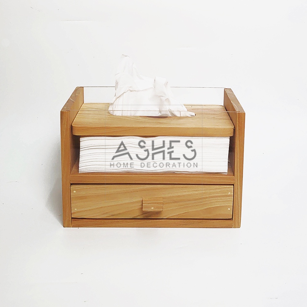 rak tissue kotak tisu tempat tisue meja kecil dengan laci serbaguna bahan kayu pinus jati belanda da