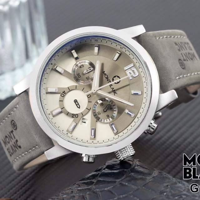 JAM TANGAN PRIA MONTBLANC CHRONOGRAPH LEATHER SILVER SEMI SUPER