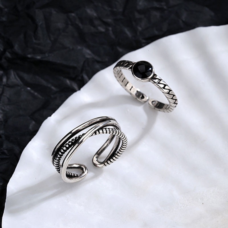 Double Layer Hip-hop Ring Korean Retro Simple Cross Personality Wild Black Stripe Opening Adjustable Ring Fashion Sexy Girl Jewelry