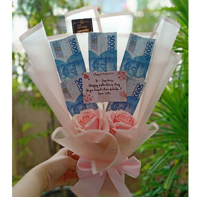 Small Standing Money Bouquet + 2 Bunga Artificial / Bucket Buket Bunga Uang Asli /Hadiah Ultah Anniv