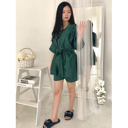 BFP004 KIMONO 3IN1 SATIN SETELAN BAJU TIDUR KOREAN PAJAMAS WANITA PIYAMA POLOS JAKARTA
