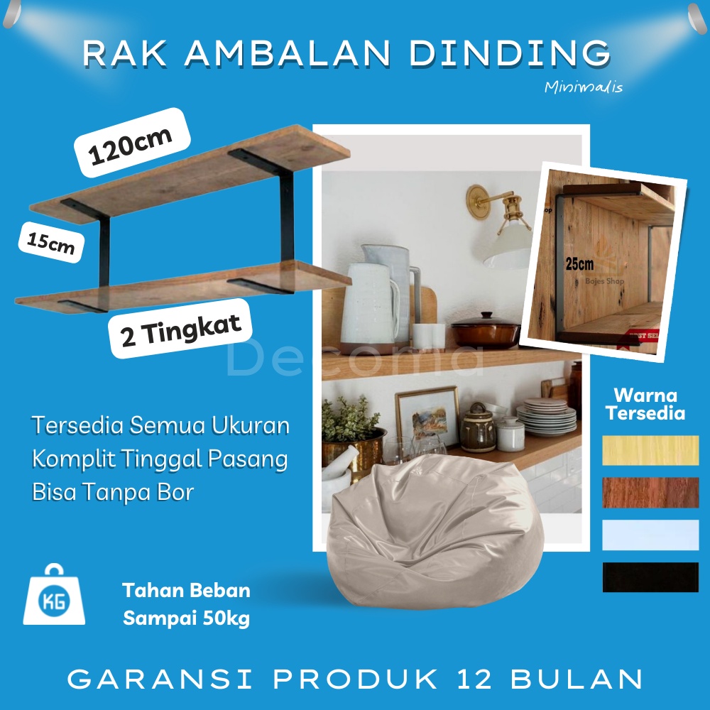 Rak Dinding Minimalis Ambalan JUMBO 2 TINGKAT SIKU BESI Hiasan Papan Hambalan Kayu Laci Melayang Din