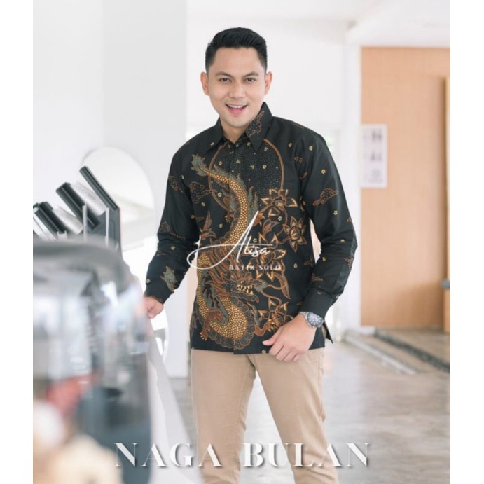 KEMEJA BATIK SOLO NAGA BULAN HITAM SOGAN ALISA BATIK PRIA SIZE M L XL XXL