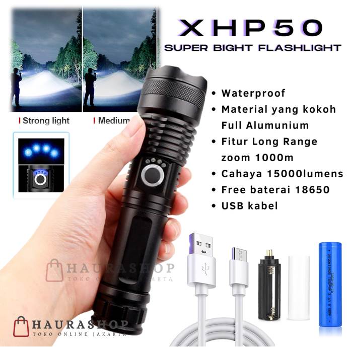 XHP50 Senter LED USB Recharge Jarak Jauh 600 - 1000M 15000 Lumens XHP50 Super Terang Anti Air