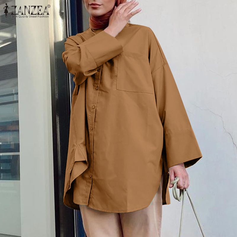 ZANZEA Women Daily Casual Solid Color Turn-Down-Collar Full Sleeve Loose Muslim Blouse