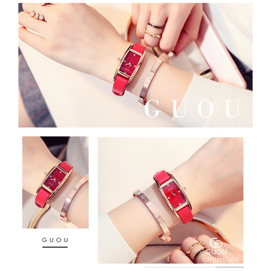 【Factory Outlet】GUOU Square Watch Ladies Waterproof Wristwatches Rhinestone Quartz Watches for Women Leather Strap R