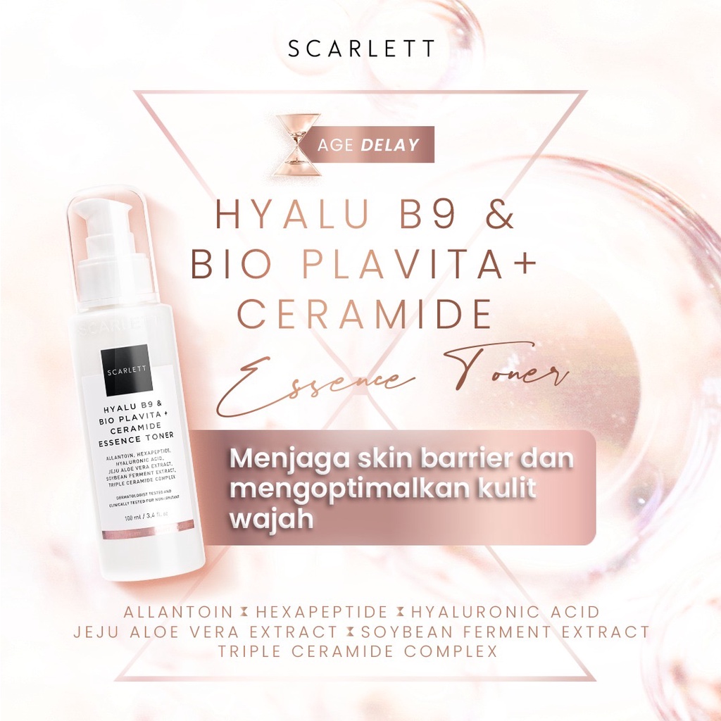 SCARLETT Whitening Age Delay Series Indonesia / Anti Aging Skincare Penuaan Dini Face Care Package Paket / Cleanser Facial Wash Essence Toner Serum Day Night Eye Cream Moisturizer Sunscreen Mask / Body Shower Scrub Lotion / Brightly Acne Set Lengkap Wajah