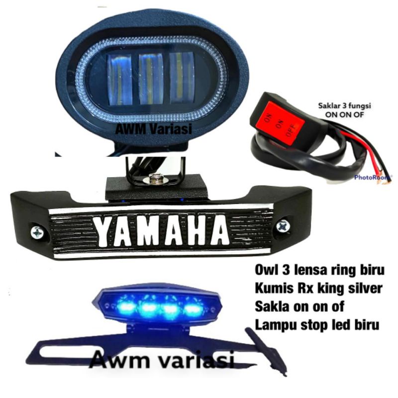 PAKET LAMPU TEMBAK DAYMAKER / OWL 3 LENSA BULAT SPOT LIGHT SUPER TERANG + KUMIS RX KING + SAKLAR + LAMPU STOP BELAKANG