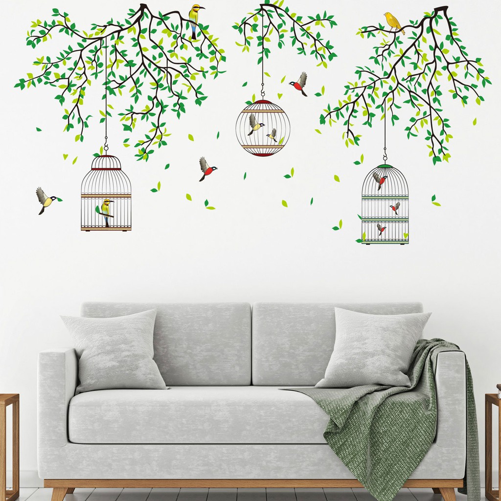 RELIZA Wall Sticker / Stiker Dinding 60X90 sangkar burung rumbai ranting hijau JM7259