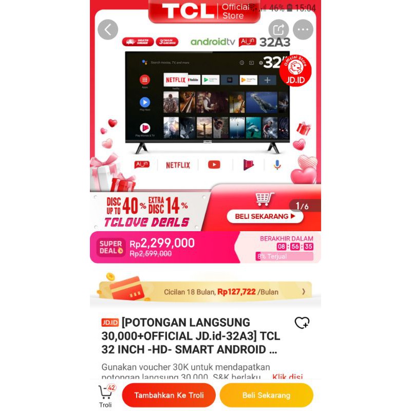 TCL 32A3 ANDROID SMART TV TCL 32 INCH-YOUTUBE-NETFLIX-DIGITAL TV-WIFI-HDMI/USB-BLUETOOTH-DOLBY SOUND