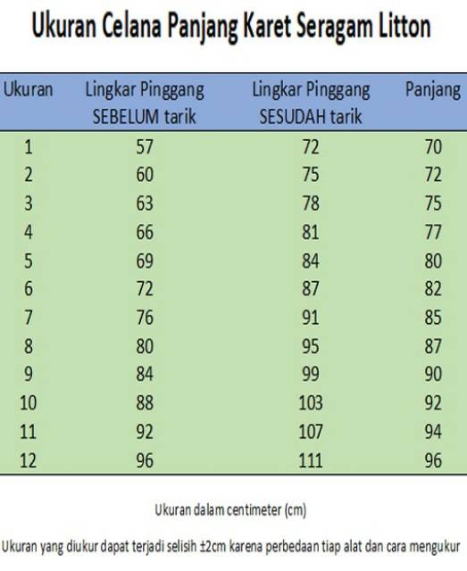 Celana panjang sekolah SD karet pinggang Merah, Hitam, Putih 1~12 Litton famatex halus / Seragam