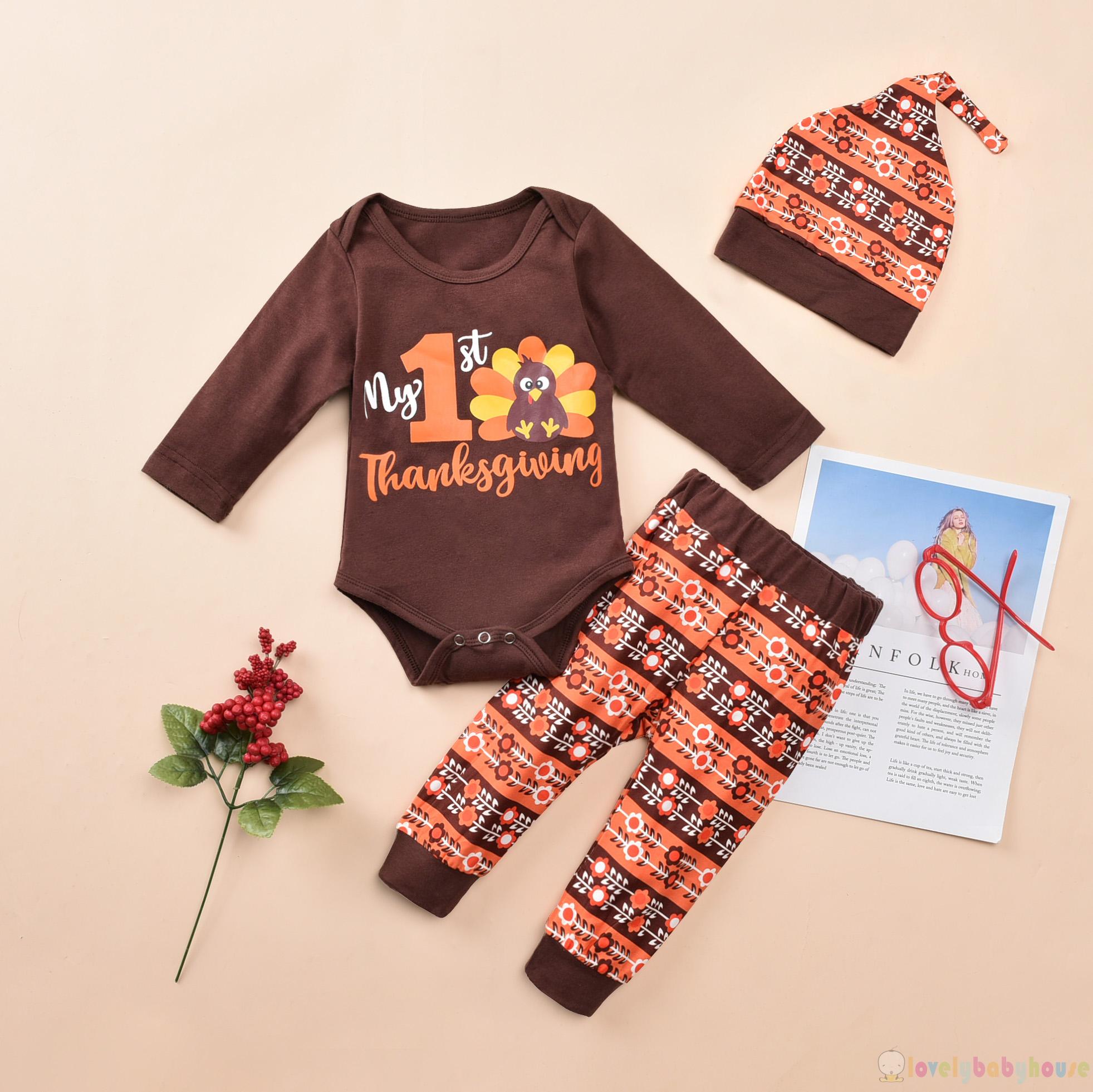 Baby Girl My First Thanksgiving Outfit Cute Cartoon Turkey Print Romper Pants Beanie Cap 3pcs Set Shopee Indonesia
