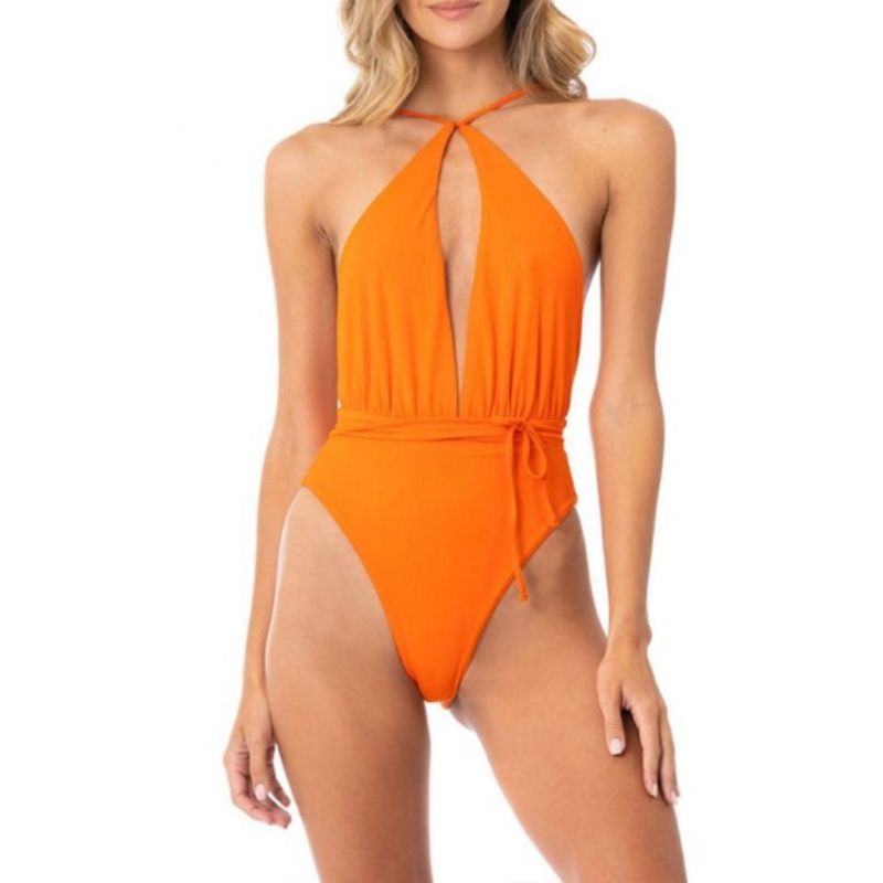 Baju renang swimsuit wanita LEIA One Piece cut out backless halter neck high cut orange korea style import plunge vneck