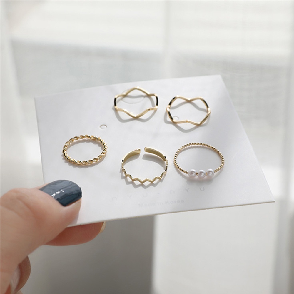 Needway  Parties Wedding Ring Gold Wavy Ring Rings Set Pearl Minimalist Round Personality Geometric Ladies Women Jewelry/Multicolor