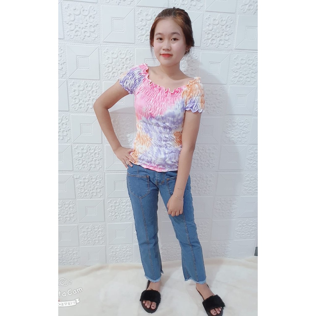 Top Sabrina Kerut Tie Dye Cotton Candy / Atasan Kerut Tie Dye