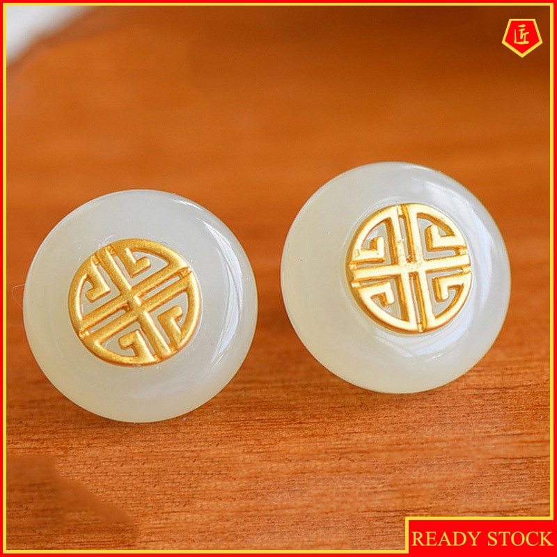 [Ready Stock]Temperament S925 Silver Inlaid White Jade Stud Earrings