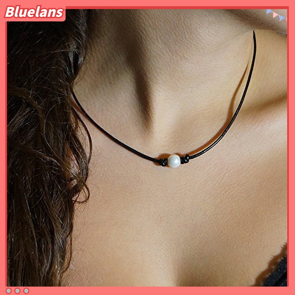 Kalung Choker Tali Kulit Hias Manik-Manik Mutiara Tiruan Untuk Wanita