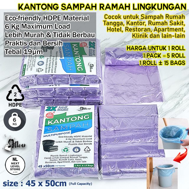 Kantong Sampah 45x50cm Premium Garbage Bag (1 Roll = 15 Pcs) - Ungu - MIN 5 ROLL/1 PACK