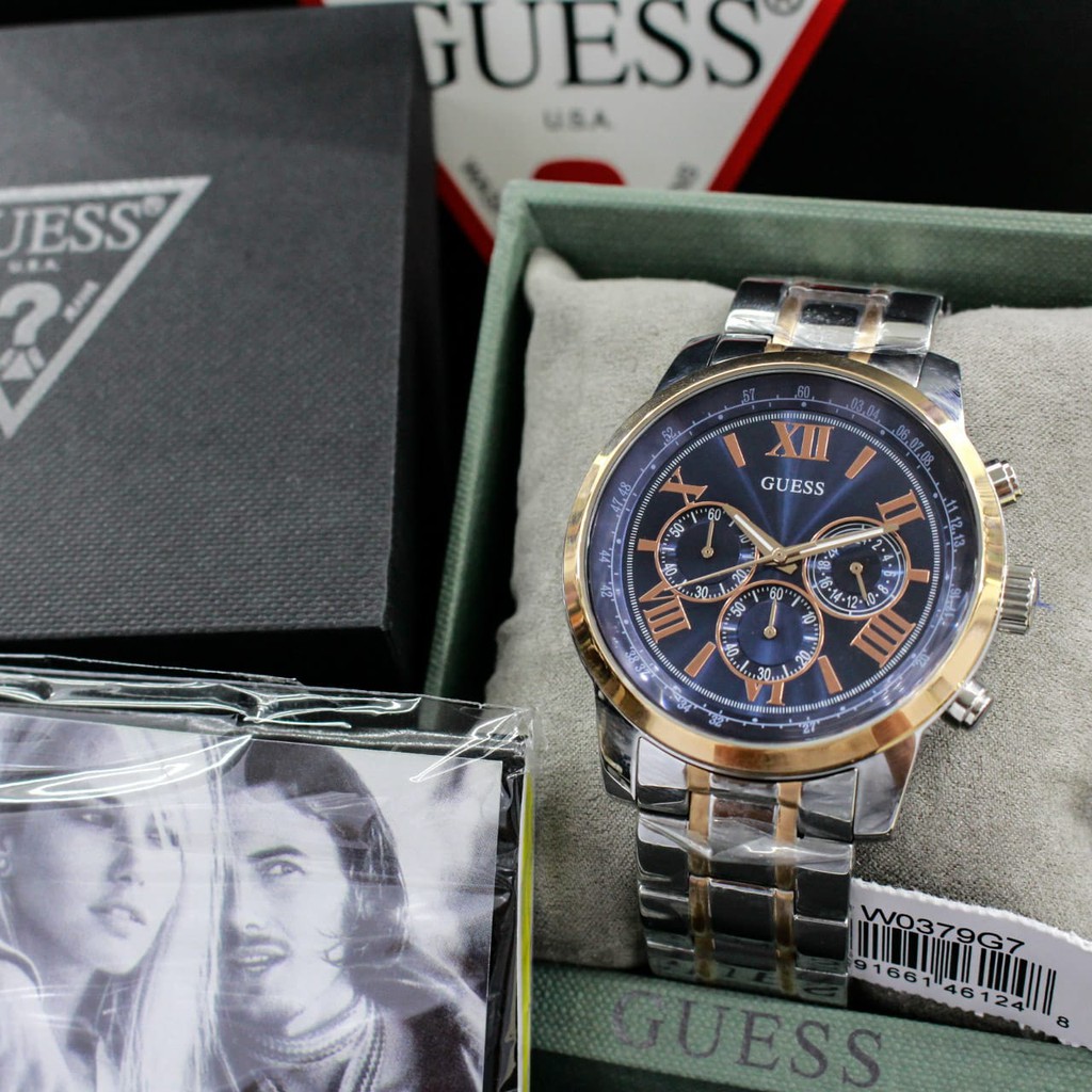 d=44mm, jam tangan pria Guess W0379G7 Original , all stainless steel, chronograph stopwatch