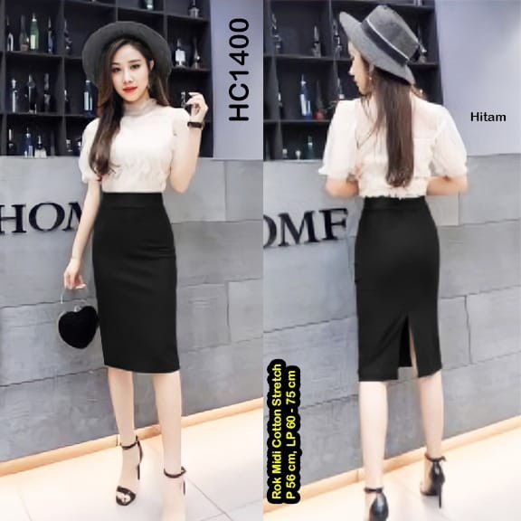 HC1400 Rok Midi Span Belah Belakang Cotton Stretch Premium / Rok Pendek / Rok Span / Rok Midi / Rok Midi Seksi / Rok Selutut / Rok kerja