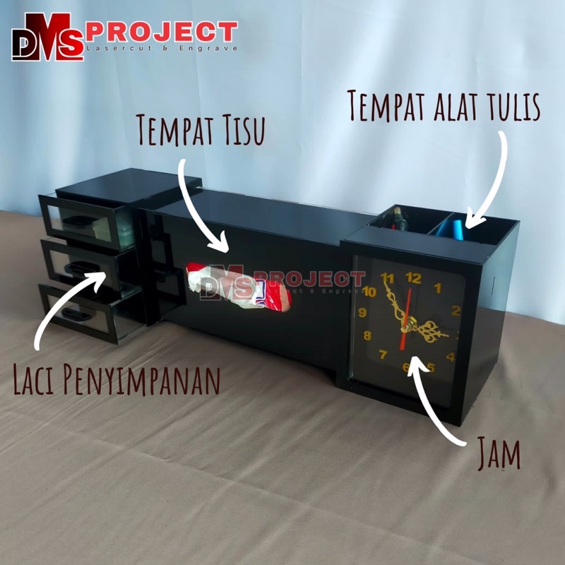 Kotak Multifungsi - Tempat Tisu - Tempat Alat Tulis - Laci Penyimpanan - Jam - Box - Jam meja kantor Jam Belajar - ATK akrilik Aksesoris Interior