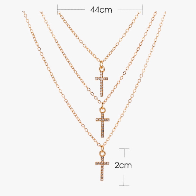 Kalung Multilayer Cross wanita dengan berlian Kalung tiga lapis vintage yang halus