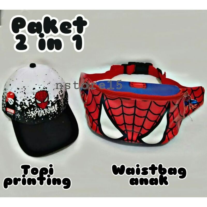 new cod 2in1 topi anak laki laki bordir spiderman dan tas selempang anak laki laki waistbag anak usia 2-10 tahun