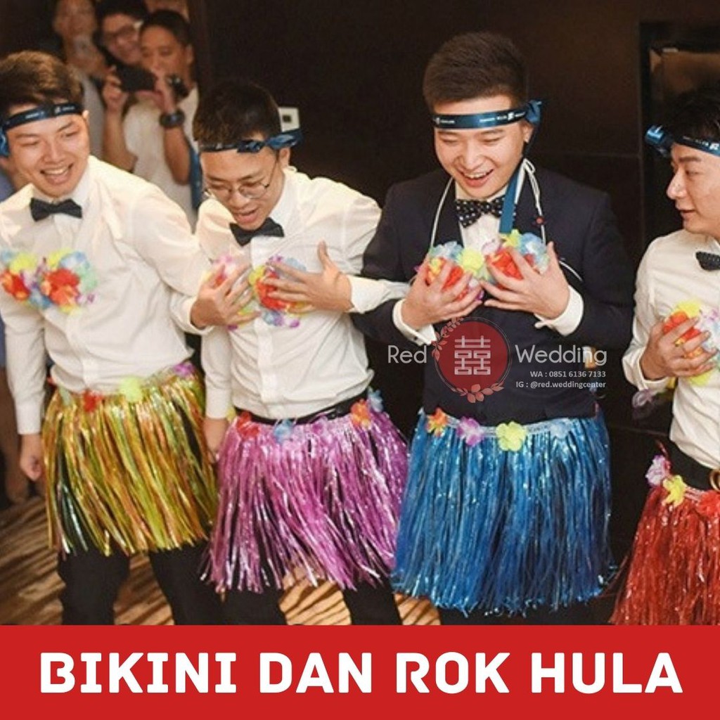 Set Hawaii Bunga Bikini Rok Hula Rumbai Wedding Game Permainan Accessoris Lengkap Funny Pengantin Groom Bride