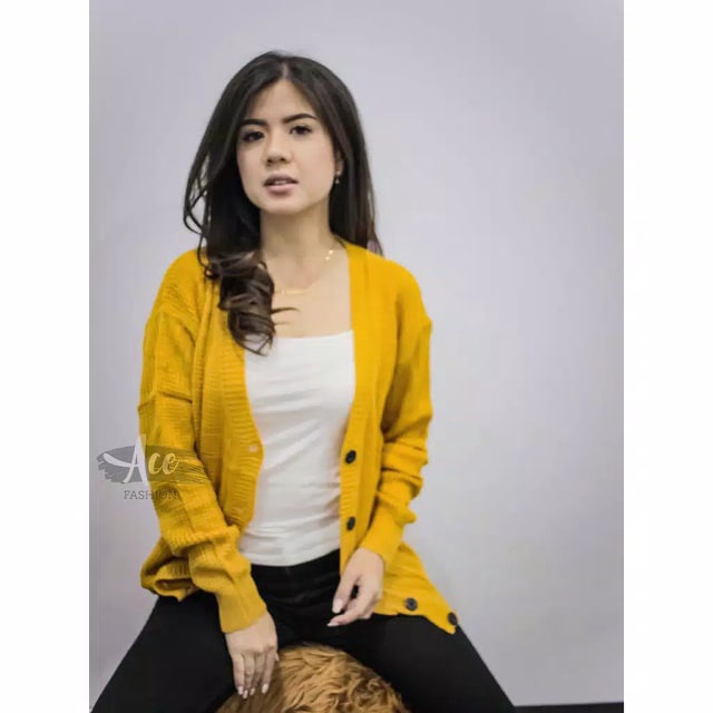 MERISSA Gardigan Cardigan Rajut Tebal Wanita Panjang Jumbo Oversize - Kardigan Cardingan Korea Polos-Mustard
