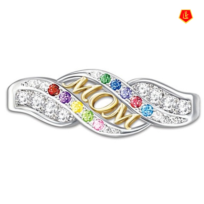 [Ready Stock]Creative Birthstone Two-Color Mom Diamond Gold Ring