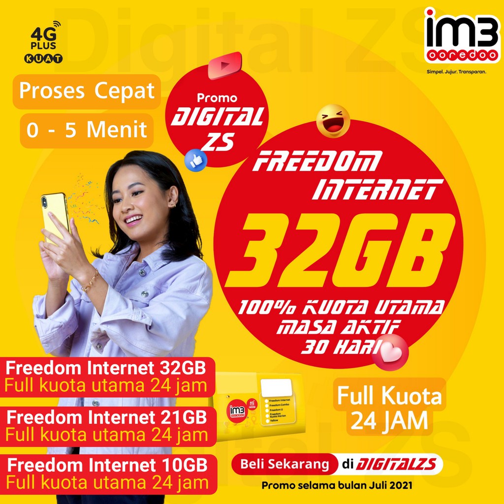 Kuota Indosat Freedom Internet 32gb 21gb 10gb 39gb 26gb 13gb dan 50gb Full Kuota Utama 24 Jam