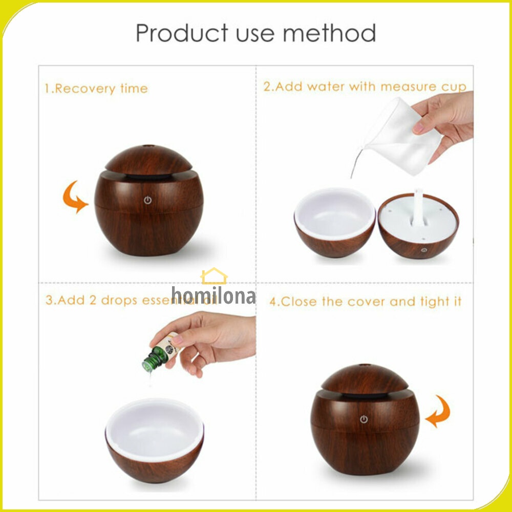 Humidifier Diffuser Aromaterapi Motif Kayu 130ml - Taffware HUMI H41 Brown Yellow - Ultrasonic Aromatherapy Essential Oil Burner Mini Bulat Bola Planet Wood Design