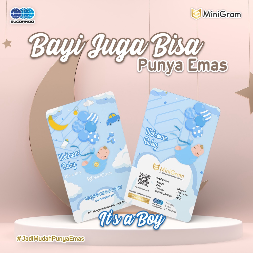 Gelasa Distributor Agen Resmi MINIGRAM Baby SeriesLogam Mulia Emas Murni 24k Sertifikat Resmi (Baby Boy 0,05)