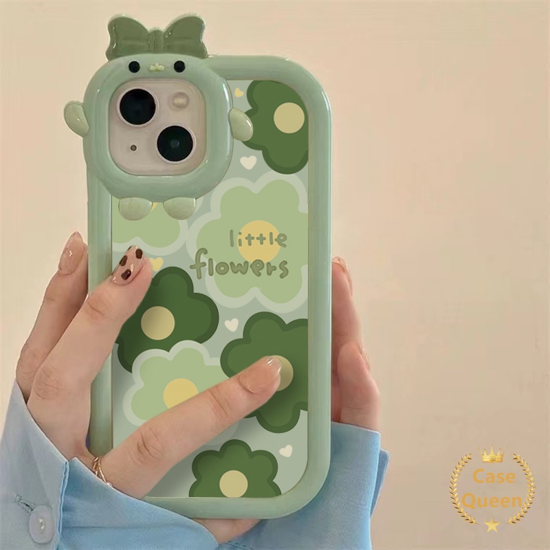 Casing Oppo A17 A95 A16K A16E A52 A92 A96 A7 A5S A12 A3S A12E A53 A74 A17K A76 Reno 5 5F 4F A55 A16s A15 A15s A16 A57 A5 A9 A54 A31 Bow-knot Little Monster Fresh Green Flower Case